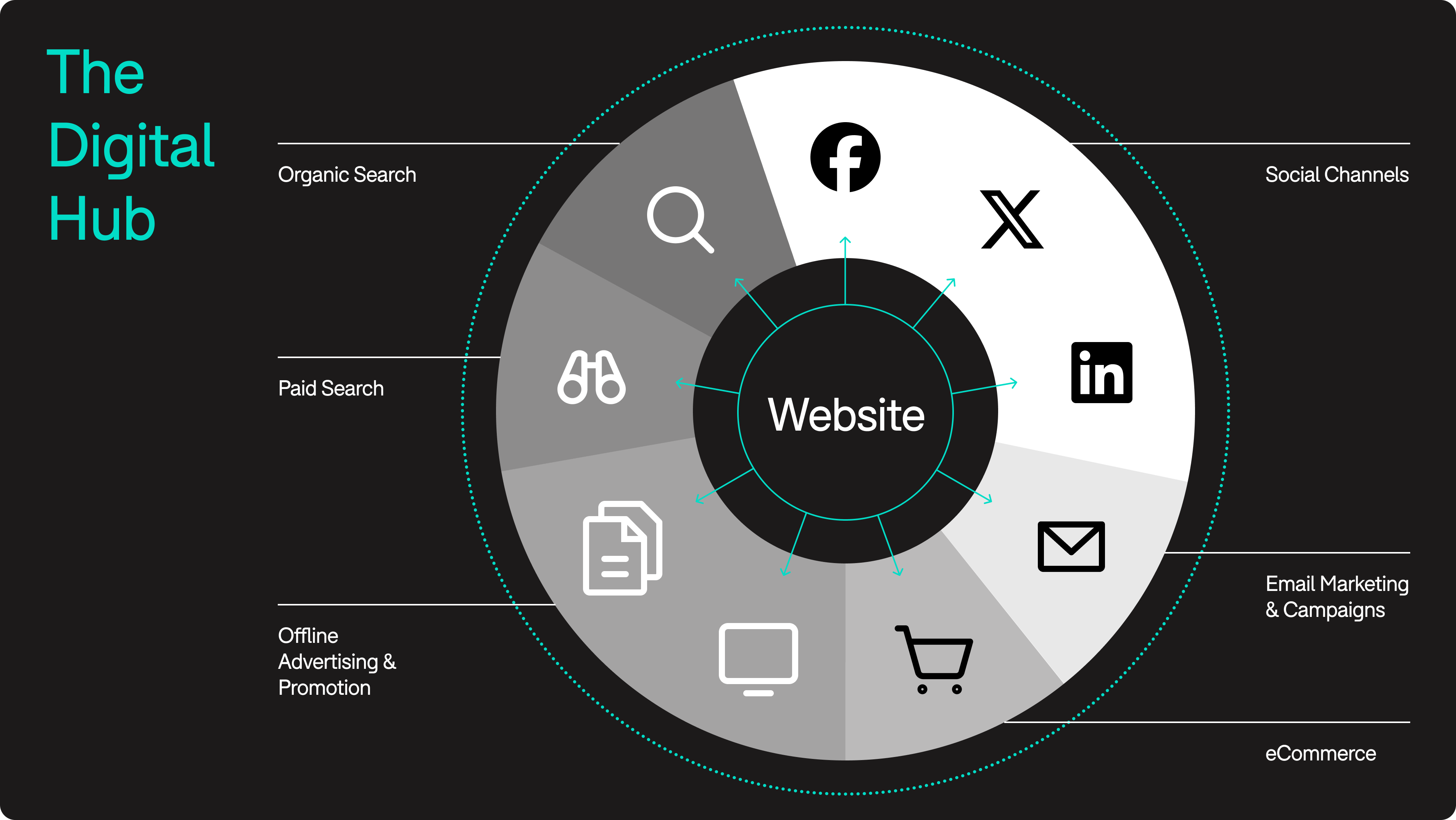 A circular diagram entitled The Digital Hub with the text website sitting in the middle with marketing activities around like using social media, paid search, email marketing and eCommerce.