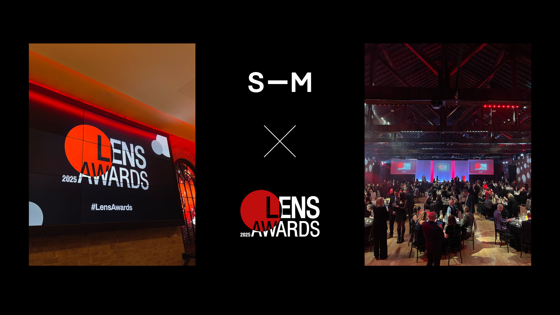 Photos of signage and venue at the 2025 Lens Award event at The Brewery in central London.